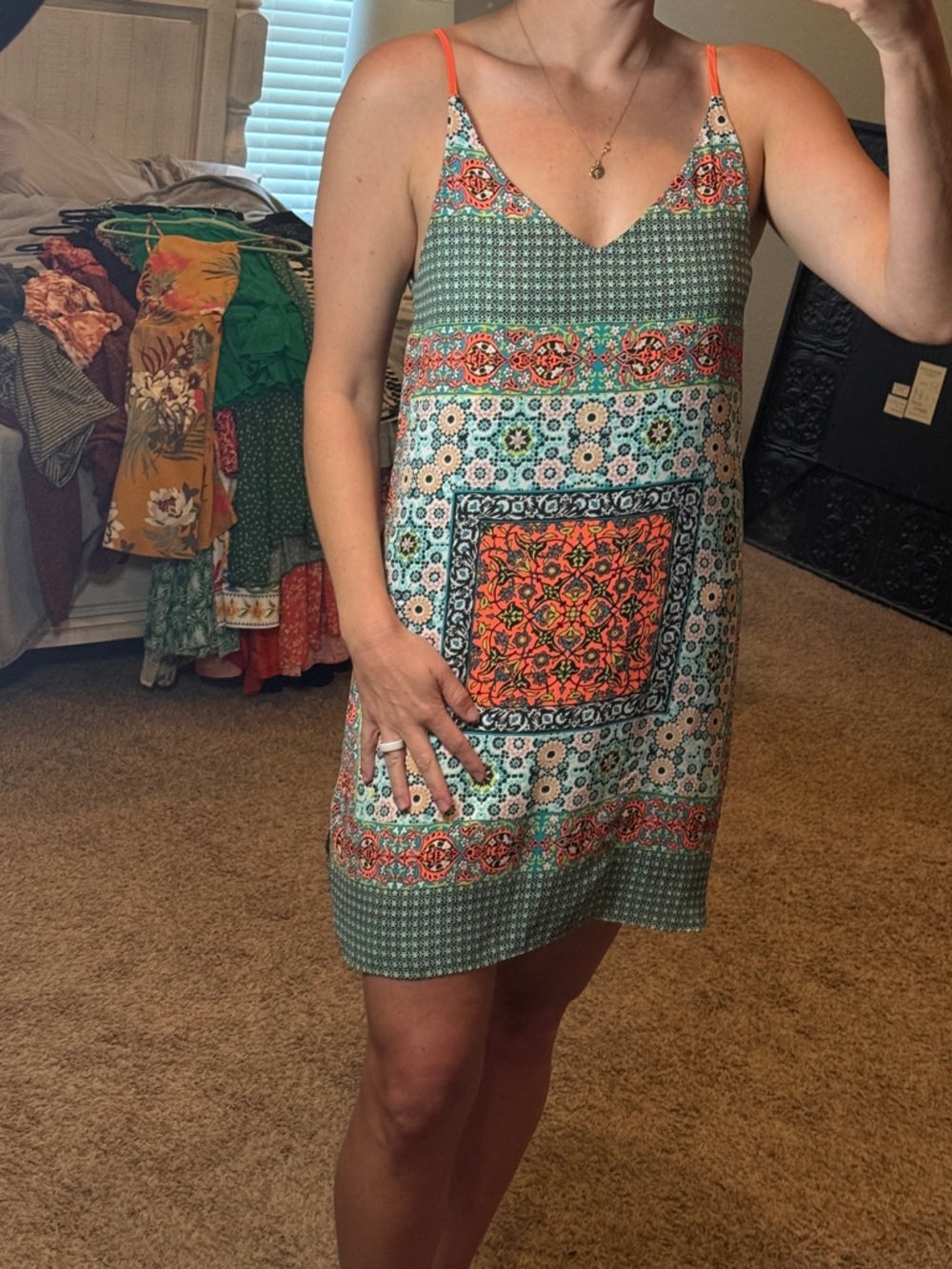 Green and Orange Printed Spaghetti-Strap Mini Dress
